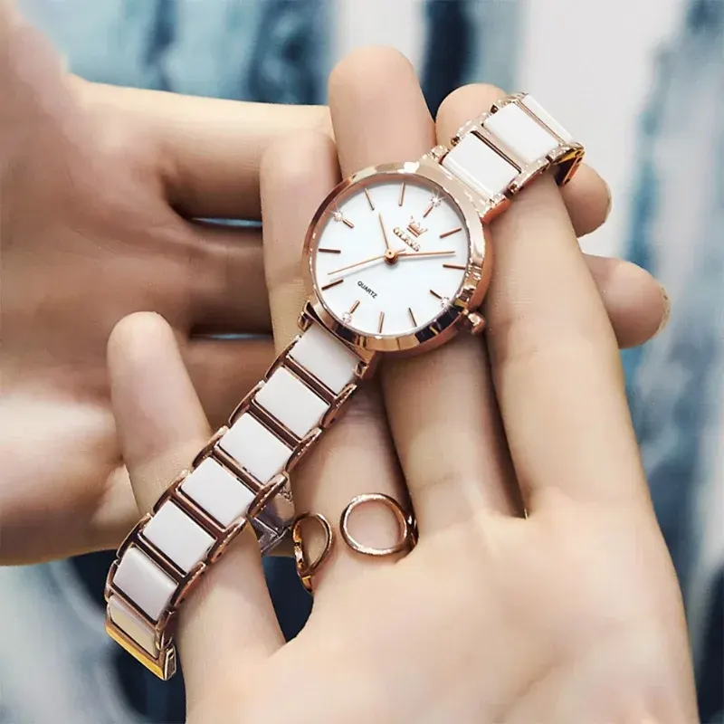 Olevs Luxurious Ceramic White Fashion Ladies Watch- 5877